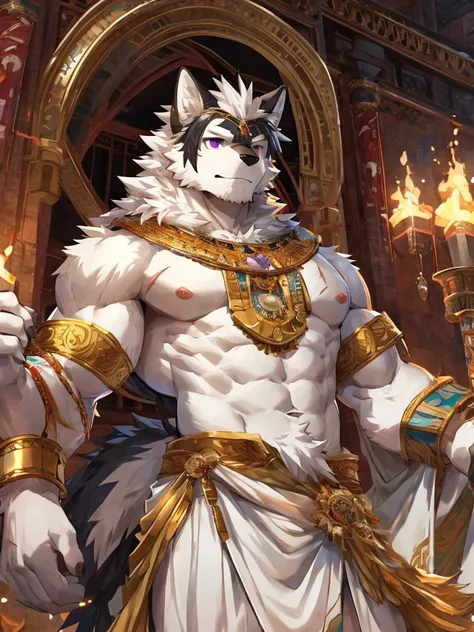 embedding:black wolf, male,purple eyes,Scar on the face, scar on the body,Single person,The fur on the chest and abdomen is white.Toga,Costumes of ancient Greece,White clothes,sacred，Expressions and movements full of divinity,A serious expression,The highe...