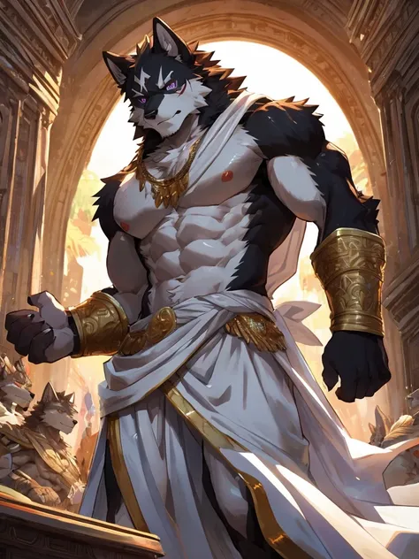 embedding:black wolf, male,purple eyes,Scar on the face, scar on the body,Single person,The fur on the chest and abdomen is white.Toga,Costumes of ancient Greece,White clothes,sacred，Expressions and movements full of divinity,A serious expression,The highe...