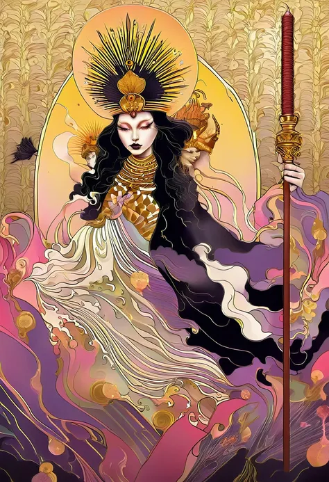 fusion graphic tarot cards, chiaroscuro technique on sensual illustration of an queen of wands, vintage queen, eerie, matte painting, by Hannah Dale, by Harumi Hironaka, extremely soft colors, hint of yellow pastel, highly detailed, digital artwork, high c...