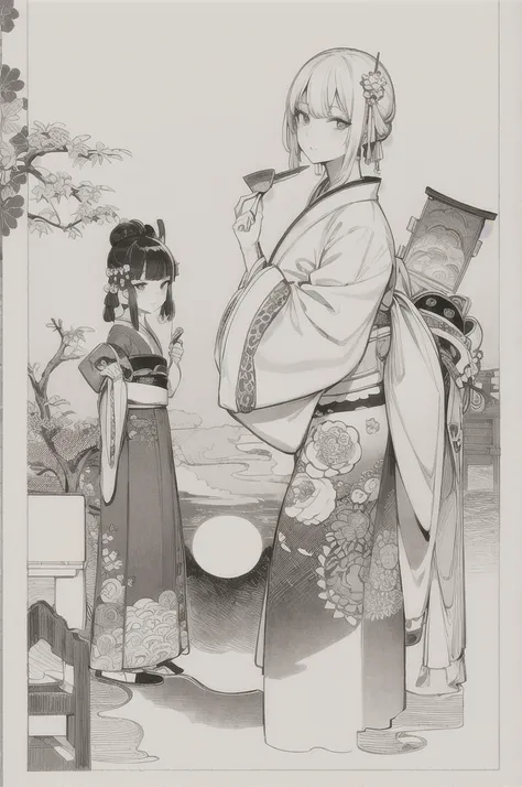 best quality, masterpiece, photo, 4K, photorealistic, highly detailed, huge moon in the background, black and white, closeup, Create a realistic ukiyo-e illustration of a cute girl in a kimono that conveys Japanese culture in various poses with a Japanese ...