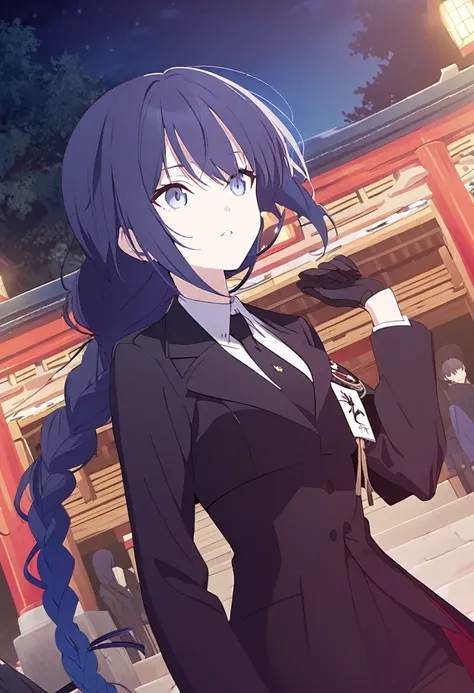 One Girl,azure hair,Hairstyle: braided ponytail, pale blue eyes,Medium chest,Dynamic Angle),Japanese shrine with night background,Black coat、Black suit、Black formal wear、Black tie、Black gloves