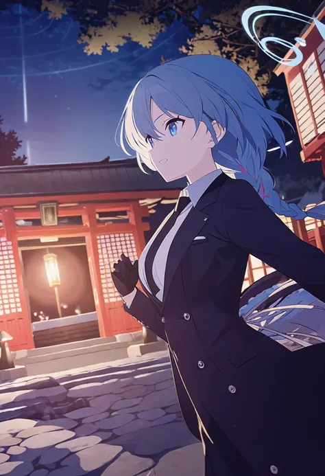 One Girl,azure hair,Hairstyle: braided ponytail, pale blue eyes,Medium chest,Dynamic Angle),Japanese shrine with night background,Black coat、Black suit、Black formal wear、Black tie、Black gloves