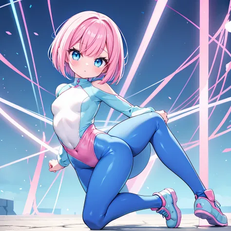 An android woman, small breasts, cute face, blue-pink hair and blue eyes, bob cut hair, full body, thin waist, pink-light blue skintight pants, wearing a pink and light blue skintight shirt, blue shoes, perfect thighs, 