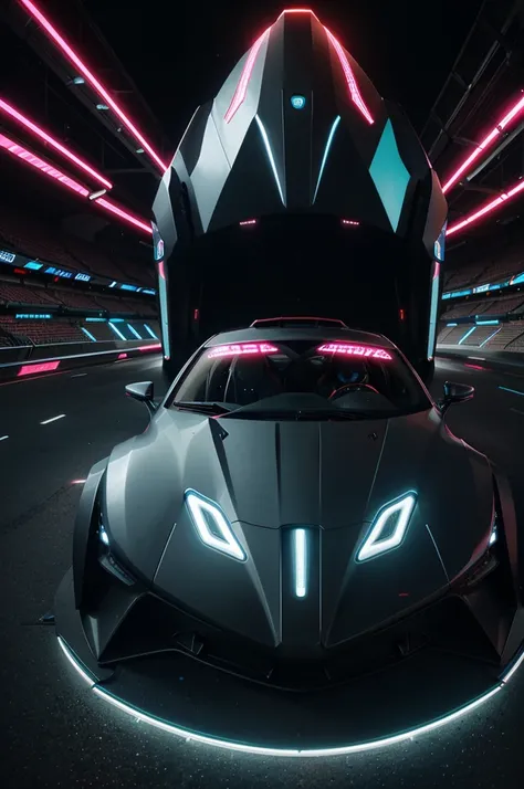 “Create an image of a futuristic car with a sleek and aggressive design, enhanced with neon lighting and sharp geometric patterns. The car should be showcased in a dynamic pose within a vibrant, cyberpunk-inspired arena that includes elements such as holog...