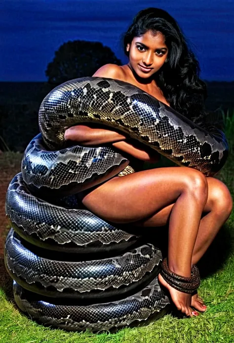  Happy Horny, aroused 1girl), beautiful kneeling indian young teen girl  with  giant colossal black titanboa squeezing her hard, wrapped in thick spiraling coils, constricted, struggle, gasping for air, snake attack, snake peril, moonless night, dim light