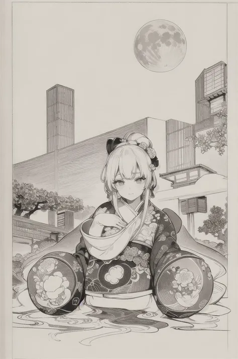 best quality, masterpiece, photo, 4K, only one person, photorealistic, highly detailed, huge moon in the background, black and white, closeup, Create a realistic ukiyo-e illustration of a cute girl in a kimono that conveys Japanese culture in various poses...