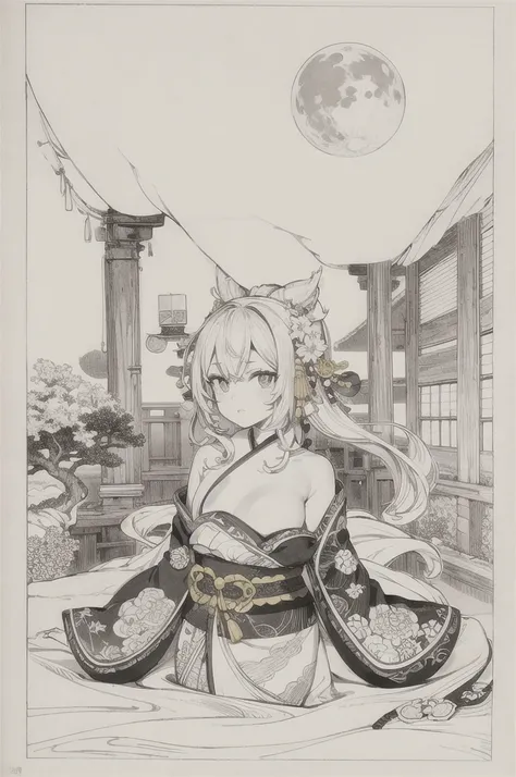 best quality, masterpiece, photo, 4K, only one person, photorealistic, highly detailed, huge moon in the background, black and white, closeup, Create a realistic ukiyo-e illustration of a cute girl in a kimono that conveys Japanese culture in various poses...