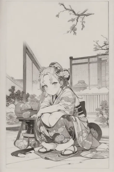 best quality, masterpiece, photo, 4K, only one person, photorealistic, highly detailed, huge moon in the background, black and white, closeup, Create a realistic ukiyo-e illustration of a cute girl in a kimono that conveys Japanese culture in various poses...