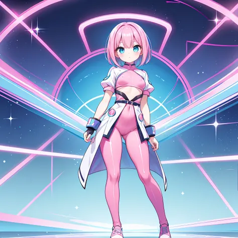 An android woman, small breasts, cute face, blue-pink hair and pink-blue eyes, bob cut hair, full body, thin waist, pink-light blue skintight pants, wearing a pink-light blue skintight shirt, blue shoes, perfect thighs, 