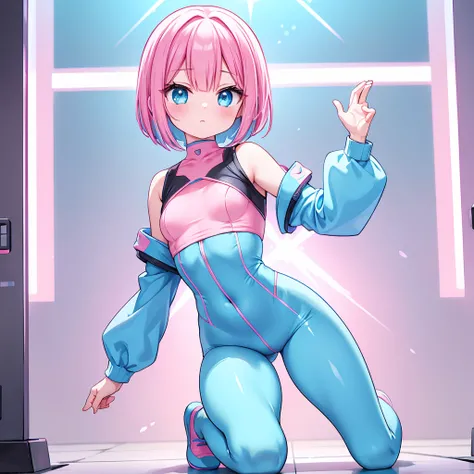 An android woman, small breasts, cute face, blue-pink hair and pink-blue eyes, bob cut hair, full body, thin waist, pink-light blue skintight pants, wearing a pink-light blue skintight shirt, blue shoes, perfect thighs, 