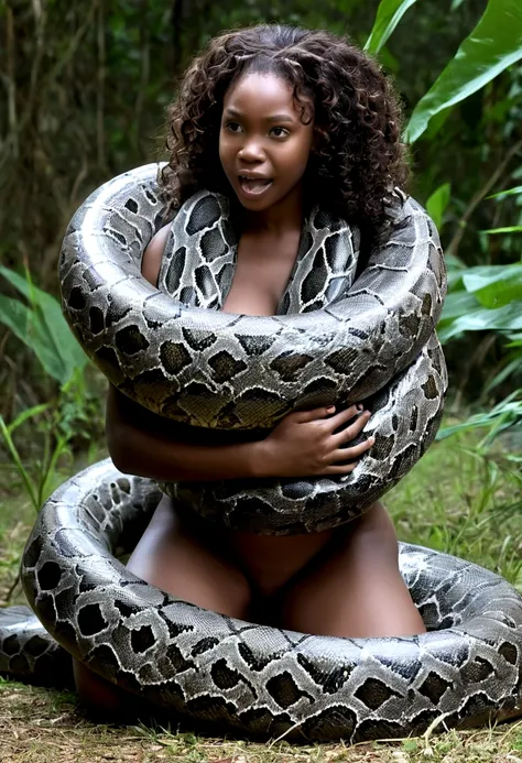  Happy Horny, aroused 1girl), beautiful kneeling ebony    young teen girl  with  giant colossal  white  titanboa squeezing her hard, wrapped in thick spiraling coils, constricted, struggle, gasping for air, snake attack, snake peril, moonless night, dim li...