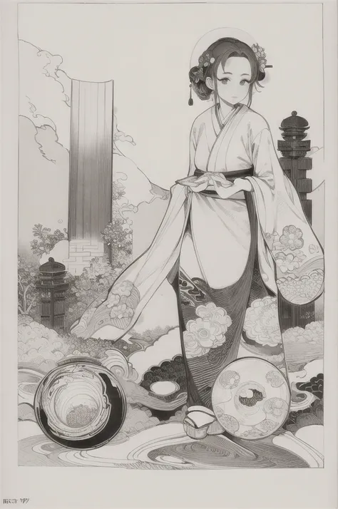 best quality, masterpiece, photo, 4K, photorealistic, highly detailed, huge moon in the background, black and white, closeup, Create a realistic ukiyo-e illustration of a cute girl in a kimono that conveys Japanese culture in various poses with a Japanese ...