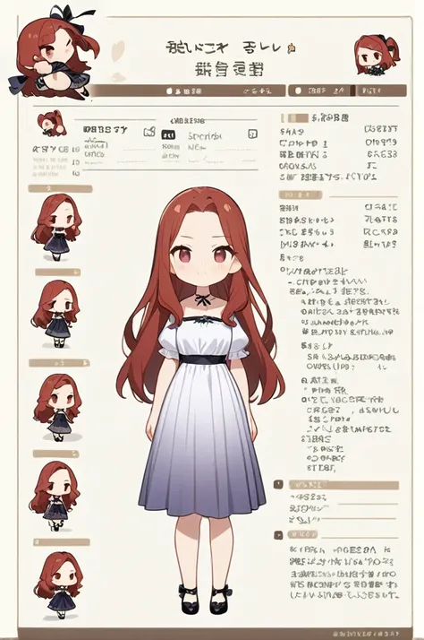 Character sheet, white background, chibi, female, long hair, wearing dress, cartoon style, high quality, high resolution