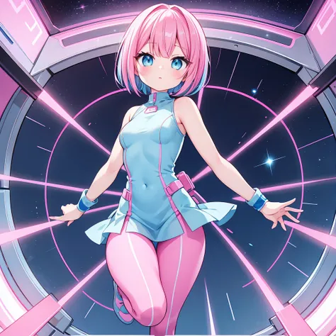 An android woman, small breasts, cute face, blue-pink hair and pink-blue eyes, bob cut hair, full body, thin waist, pink-light blue pants, wearing a pink-light blue shirt, blue shoes, perfect thighs, sfw, on a space station.