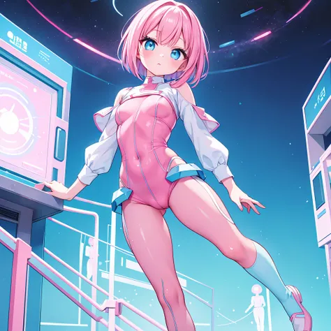 An android woman, small breasts, cute face, blue-pink hair and pink-blue eyes, bob cut hair, full body, thin waist, pink-light blue pants, wearing a pink-light blue shirt, blue shoes, perfect thighs, sfw, on a space station.