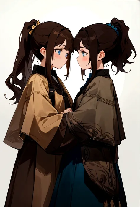 Two sisters turning their backs on each other,one with loose brown hair and honey eyes and the other with a ponytail, dark hair and blue eyes.,both dressed as hunters.