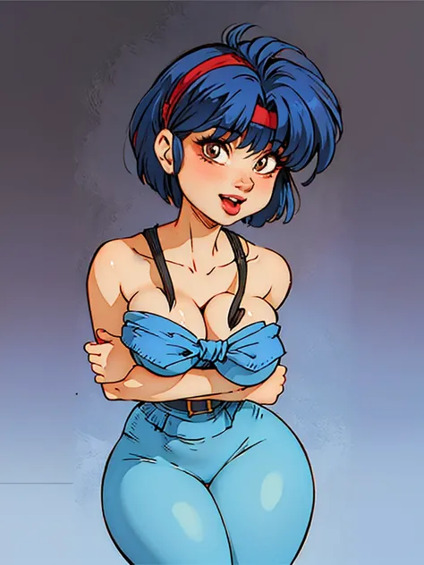 akane_tendo-ranma, precious girl posing sexy, ((in sexy black bunny costume, strapless:1.1)), bunny-ears headband, (red bowtie), short wavy blue-haired with bangs, (large eyes), thick lips, charming smile, perfect body, perfect , exhuberant cleavage, thin ...