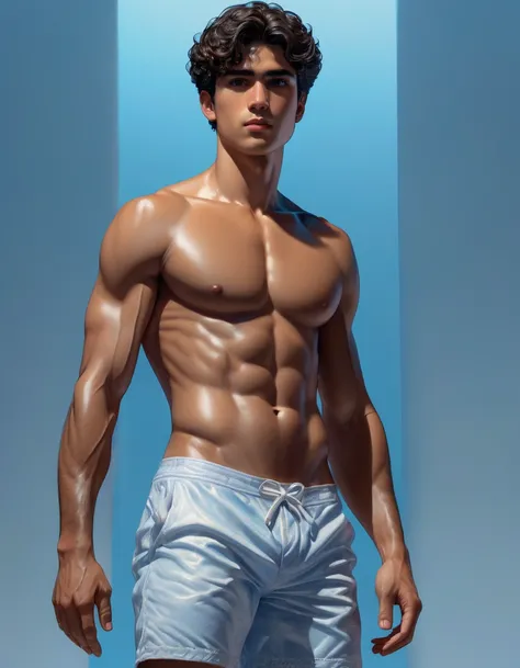 ((1 man full body wearing white thong, perfect penis, flip flop sandals, standing in a blue light and orange negative space) (front view )), in henry scott tuke and Peter Paul Rubens art style, ultra detailed, ultra realistic, ambient lighting, becoming th...