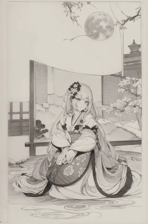 best quality, masterpiece, photo, 4K, only one person, photorealistic, highly detailed, huge moon in the background, black and white, closeup, Create a realistic ukiyo-e illustration of a cute girl in a kimono that conveys Japanese culture in various poses...