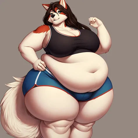 Malamute, female, long hair, gorgeous, beautiful, eyelashes, voluptuous, plump, belly rolls, fat arms, fat legs, ,tank top, shorts ,huge saggy breasts ,fringe on eye,heavy top, huge hips huge thighs heavy bottom ,sports bra,sports shorts, simple background...