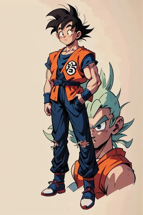 1man, fashion outfit, son goku from dragon ball, akira toriyama style, full body, detail, face detail, amazing art, simple background, 