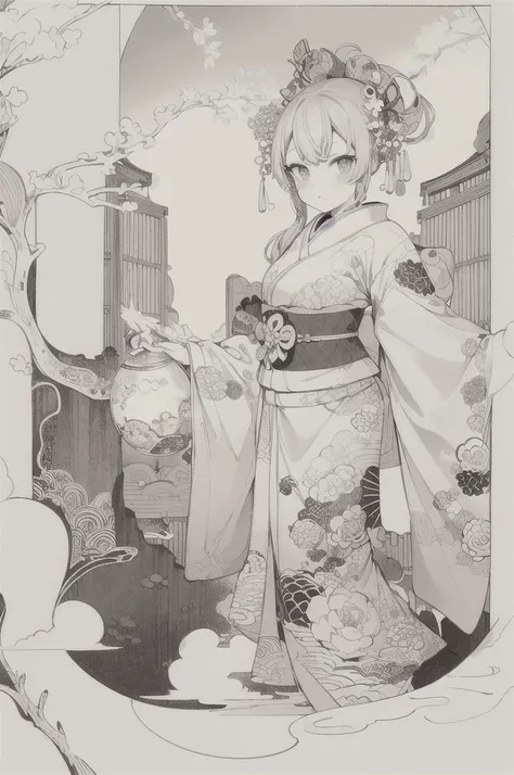 best quality, masterpiece, photo, 4K, photorealistic, highly detailed, huge moon in the background, black and white, closeup, Create a realistic ukiyo-e illustration of a cute girl in a kimono that conveys Japanese culture in various poses with a Japanese ...