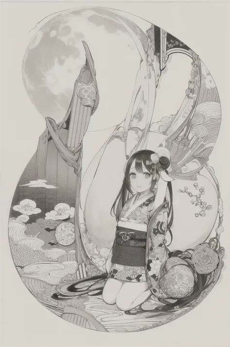 best quality, masterpiece, photo, 4K, photorealistic, highly detailed, huge moon in the background, black and white, closeup, Create a realistic ukiyo-e illustration of a cute girl in a kimono that conveys Japanese culture in various poses with a Japanese ...