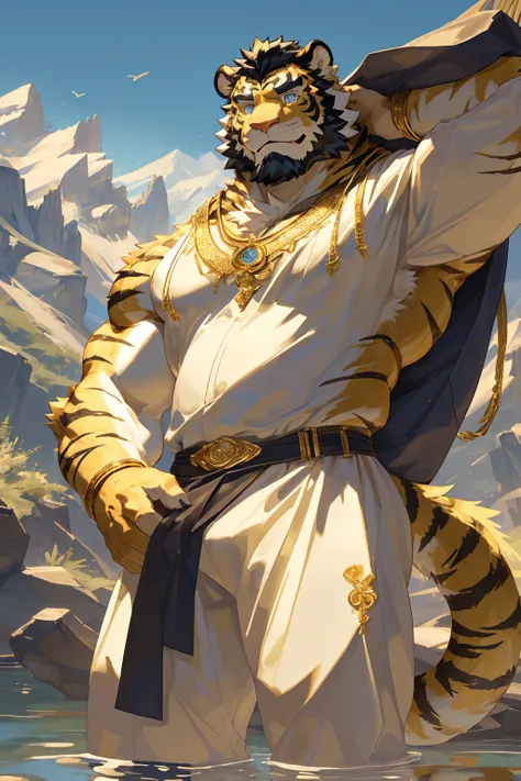 (Toned body),(White regular clothes:1.5),16k high quality detailed art,(White regular clothes:1),(Golden Tiger:1.1), (((White and golden fur:1.5))),(Duotone),(A pair of eyes of different colors, Blue and gold eyes:1.7),(Both eyes are the same size:1.4),(Mu...