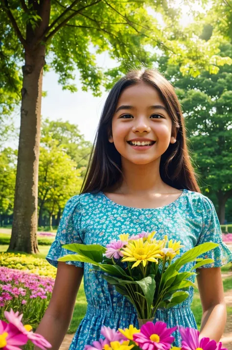 a young , 1girl, playing in a beautiful park, happy expression, smiling, carefree, peaceful, sunlight, colorful flowers, lush greenery, vibrant colors, soft lighting, cinematic, highly detailed, photorealistic, 8k, masterpiece, best quality, ultra-detailed