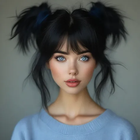 bellissima, 1girl, solo, looking at viewer, bangs, blue eyes, black hair, animal ears, parted lips, hair bun, blurry, lips, blurry background, messy hair, portrait, realistic
