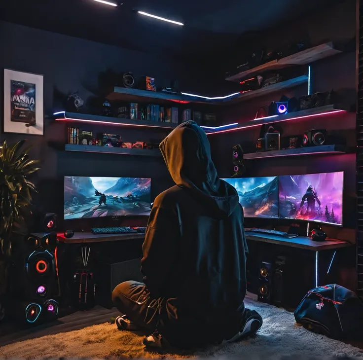 Gamer lone boy in gaming room with the dark theme in covered in hoody with expensive gaming setup