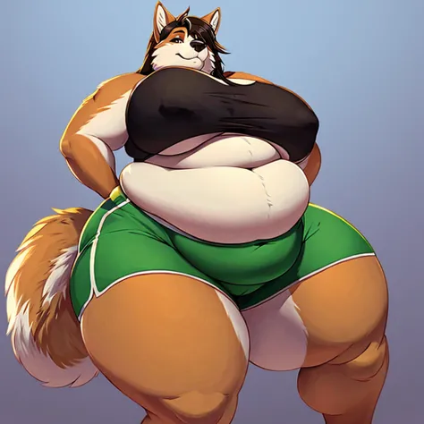 Malamute, female, long hair, gorgeous, beautiful, eyelashes, voluptuous, plump, belly rolls, fat arms, fat legs, ,tank top, shorts ,huge saggy breasts ,fringe on eye,heavy top, huge hips huge thighs heavy bottom ,sports bra,sports shorts, simple background...