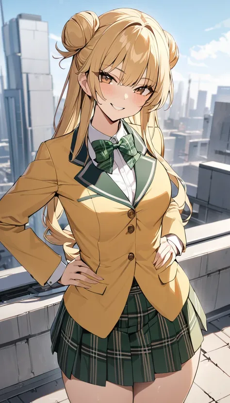 masterpiece, best quality, highres, 1girl, solo, long hair, blonde hair, double bun, drill hair, brown eyes, , green bowtie, blazer, yellow jacket, long sleeves, plaid skirt, green skirt, standing, put hands on hip,cowboy shot,on roof top, smile,