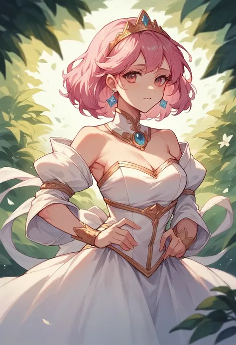 Princess with pink hair and a beautiful dress being crowned