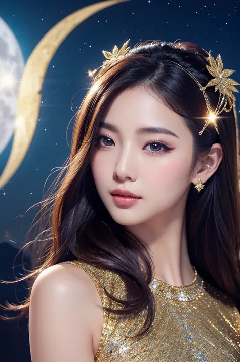 Highest quality,Fair skin,young,Beautiful woman,Goddess,Love Success,The background is the night sky,Sparkling,masterpiece,Star Goddess,Luna