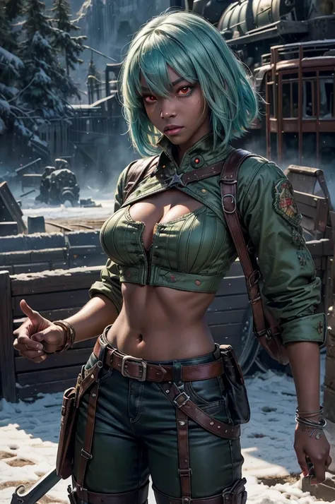 emeraldsustrai, emerald sustrai, short hair, (red eyes:1.5), (green hair), dark skin, dark-skinned female, navel, cleavage, midriff, belt, cleavage cutout, chaps, snow, ((broken suspension bridge, near old steam train)), post-apocalypse, dystopian future, ...