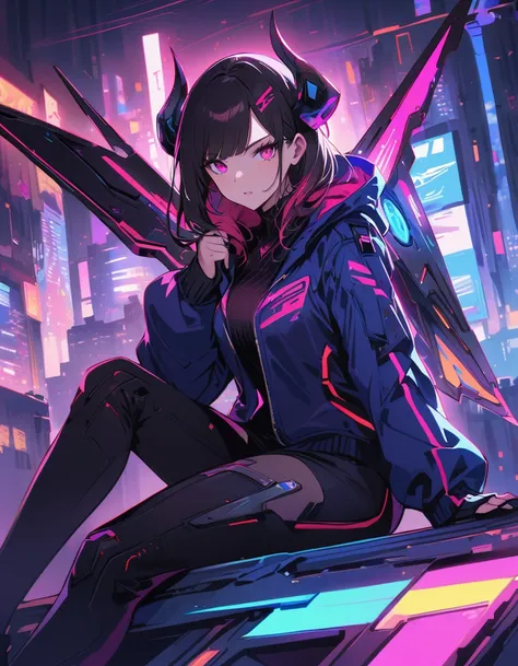 cyberpunk girl with futuristic look, featuring mechanical wings and horns, sitting in dynamic pose. She has dark hair with neon highlights and wearing black outfit with blue jacket. The background is simple vibrant, neon-lit cityscape with blue and pink, e...