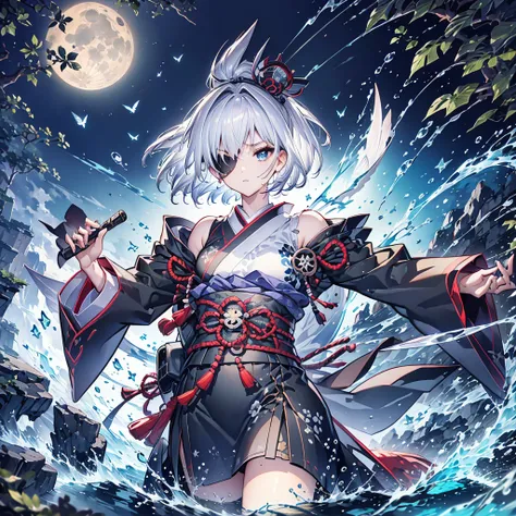 (((1 person　Put on an eye patch　Gray Hair　Qinglong)))　((High resolution　short hair　Black kimono　Shoulder　Rin々Funny face　knifeを胸の前で構える))　((Black Band　samurai　Lonely　despair　blue目　Close-up))　((blue蝶　night　Japanese style　old　Shining Aura　garden　water surface　...