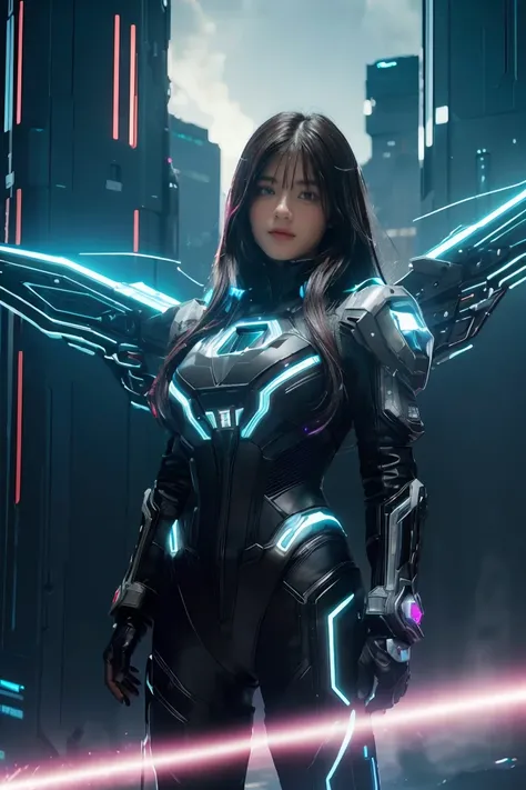 ((masterpiece, best quality, extremely detailed), volumetric lighting, ambient occlusion, colorful, glowing), 
1girl, solo, young girl, (dark hair), long hair, halo, aura, sacred, godness, cyber suit, (black outfit:1.3), android, bot, cybernetic wings,
out...