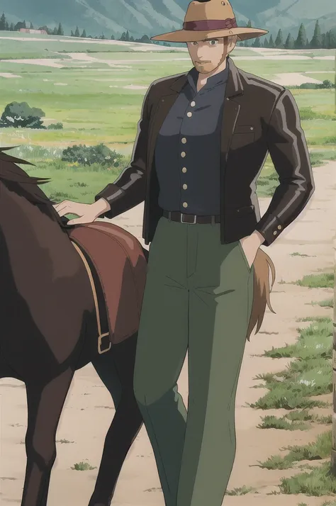 ghibli style, man, 34 years old, dark blond hair, side part hairstyle, short beard, wearing black leather cowboy hat, tan leather jacket, dark navy shirt, black bandana, olive green worn trousers, rides a horse, in wild west countryside, sunrise
