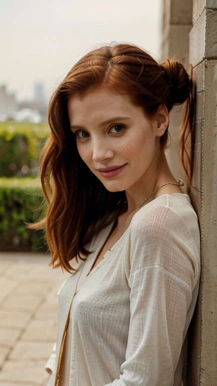 Jessica Chastain with her hair up dressed in comfortable and attractive clothes with a sexy smile.