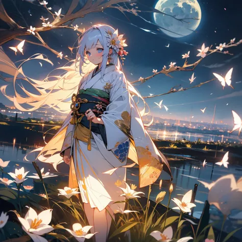 (masterpiece, Highest quality, Highly detailed CG, Beautiful fine details, Super detailed, ), 8k wallpaper,  (One girl, alone:1.4), Long Hair, Striped Hair, Fairy, 神秘的なmoonのように、One Girl、solo、kimono、Hair ornaments、flower、White Hair、have、blue eyes、髪のflower、m...