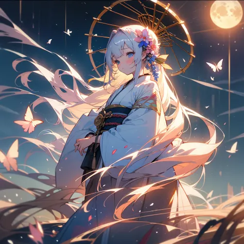 (masterpiece, Highest quality, Highly detailed CG, Beautiful fine details, Super detailed, ), 8k wallpaper,  (One girl, alone:1.4), Long Hair, Striped Hair, Fairy, 神秘的なmoonのように、One Girl、solo、kimono、Hair ornaments、flower、White Hair、have、blue eyes、髪のflower、m...