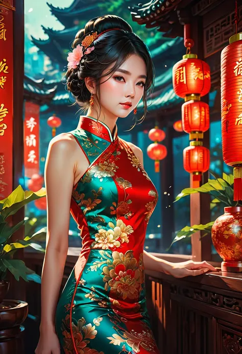 Cheongsam, by Alena Aenami, RAW photo, 35mm photograph, bokeh, best quality, masterpiece, very aesthetic, perfect composition, intricate details, ultra-detailed