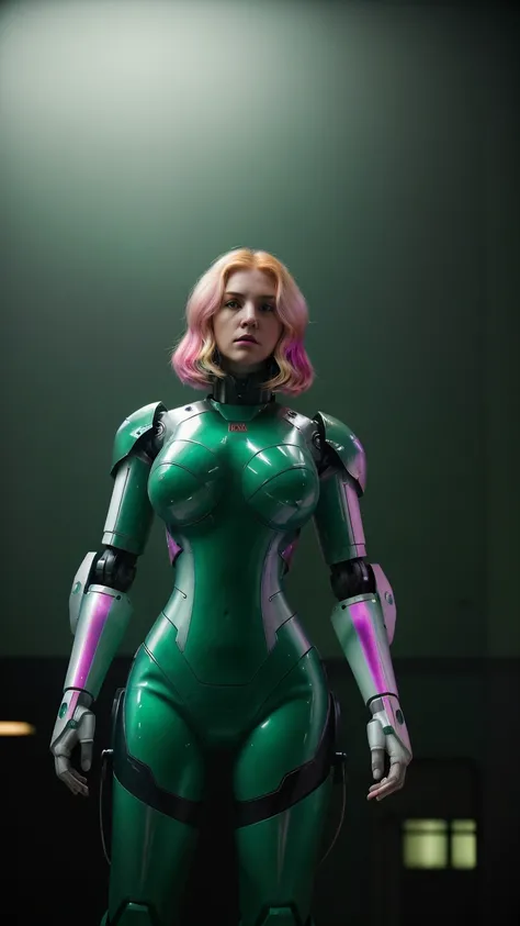 
Cinematographic SCI-FI still captures a mechanical-warriorgirl, ([orange|copper] hair), (((emerald blighting eyes))), She has very pale skin(porcelain skin), (straight hair, combed back, hair clips), ((Dressed in a futuristic biomechanichal-armored spaces...