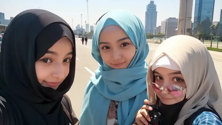 3 girls, hijab, selfie