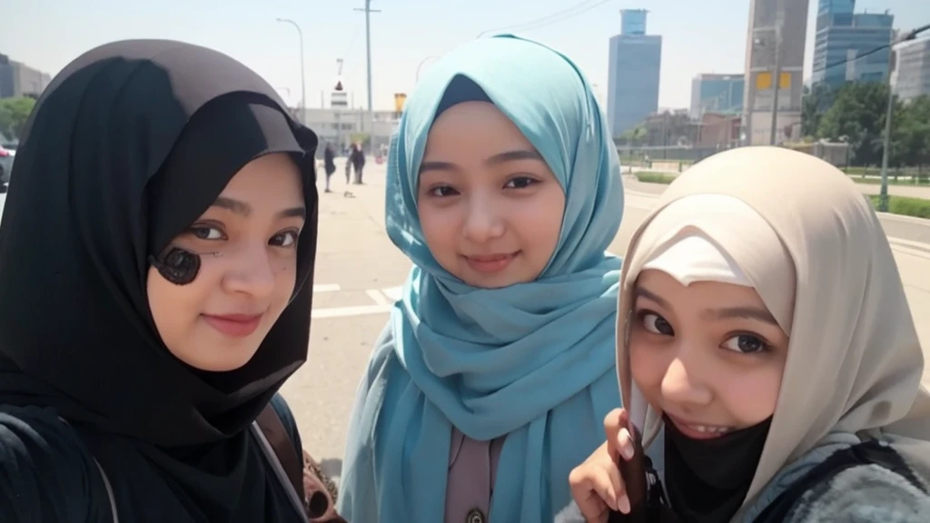 3 girls, hijab, selfie