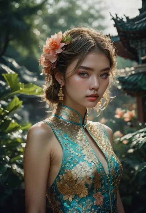 Cheongsam, by Marta Bevacqua, RAW photo, 35mm photograph, bokeh, best quality, masterpiece, very aesthetic, perfect composition, intricate details, ultra-detailed