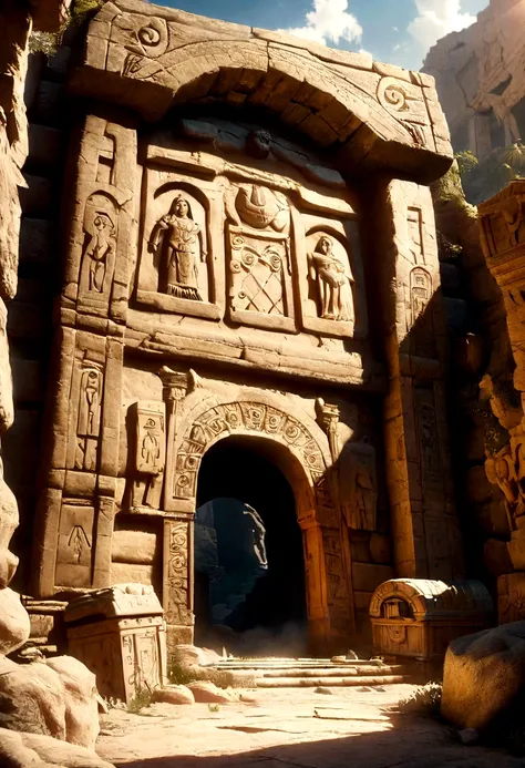 a hidden chamber waiting to be discovered, ancient ruins, sunlight streaming through cracks, dust motes floating in the air, ornate stone carvings, mysterious hieroglyphics, crumbling stone walls, treasure chest, glowing artifacts, adventure, cinematic lig...