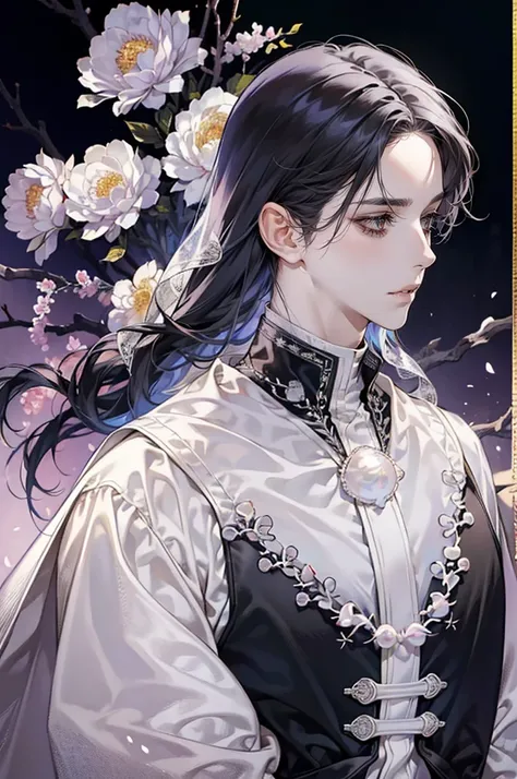 1boy, adult, solo, ((long pearl mother-of-pearl hair)), long disheveled hair, (the pupil of the eye is completely black, the white of the eye is black), pale skin, thorny vines entwine the hair, gentle delicate facial features, aristocrats clothes, black c...